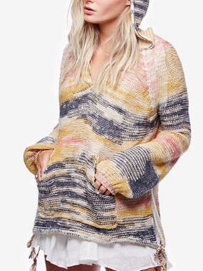 Free People Baja Hoodie Sweater Boho Knit Pullover OverSized Cozy Hoodie